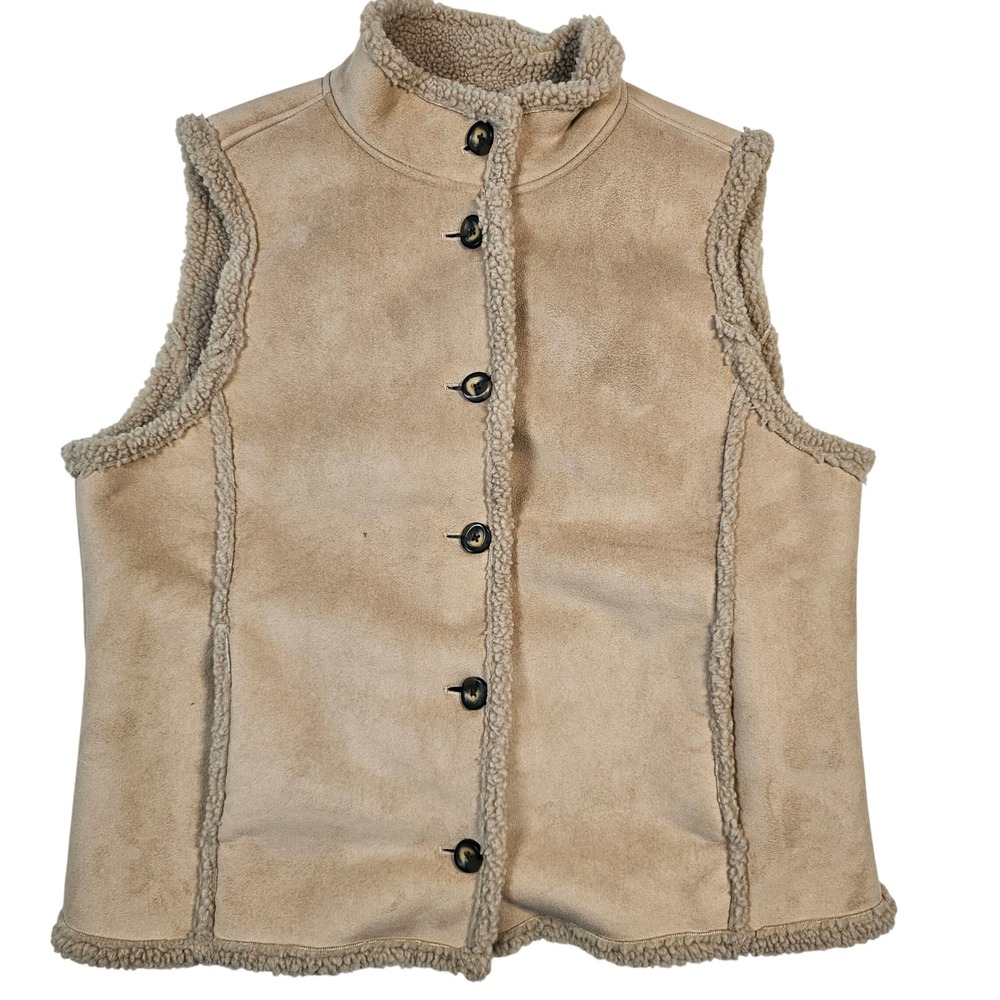 LL Bean Womens XL Tan Faux Suede Sherpa Lined Button Front Vest 0BCU3
